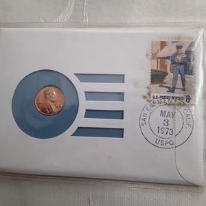 Collectible 1973  Lincoln Penny & Mailman Us 8 Cents Stamp